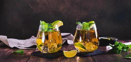 Refreshing iced tea with mint and lime in glasses on the table web banner photo