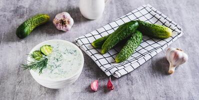 Tzatziki sauce with cucumber, garlic and dill on kefir in a bowl on the table web banner photo