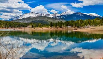 Panorama Snow-capped and forested mountains near a mountain lake, Pikes Peak Mountains in Colorado Spring, Colorado, US photo