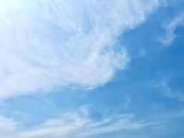 Beautiful and bright blue sunny cloudy sky isolated on horizontal ratio empty copy spaced background. photo