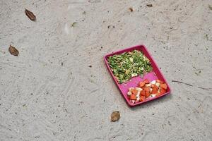 Pink tray with sliced vegetables, papaya, and banana fruits in tortoise or turtle zoo habitat sand ground environment copy spaced background. photo