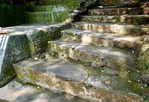 Mossy stone stairway on horizontal outdoor park environment background with sun light and tree shade shadows. photo