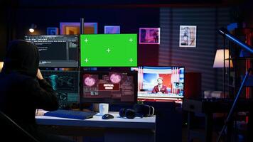 Rogue programmer using green screen PC to hack firewalls, getting attacks rejected by cybersecurity. Scammer using mockup monitor seeing access denied error message while committing fraud, camera B photo