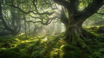 Mystical Enchanted Forest - Ancient Trees, Ethereal Light Beams, Mossy Fern Carpet in Nature Wonderland photo