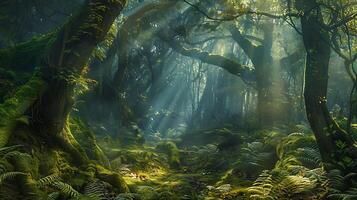 Mystical Enchanted Forest with Ancient Trees, Ethereal Light Beams, and Lush Moss and Ferns Carpet photo
