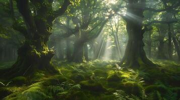 Enchanted Forest Serenity Mystical ancient trees bathed in ethereal light among lush mossy carpets and vibrant ferns. photo