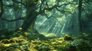 Mystical Enchanted Forest with Ancient Trees and Ethereal Light Beams photo