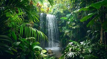 Lush Tropical Jungle Paradise with Exotic Plants and Waterfall - Nature's Bounty in Paradise photo
