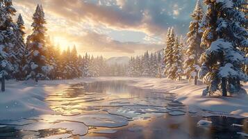 Tranquil Winter Scene Snow-covered Landscape with Tall Pine Trees, Frozen Lake, and Soft Sunlight photo
