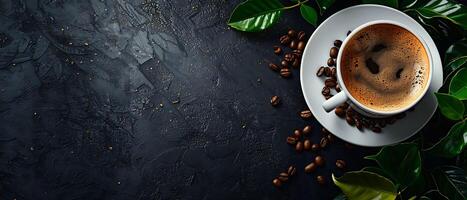 Rustic Vintage Coffee Cup and Saucer with Scattered Beans on Dark Stone Background for Copy Space - Nostalgic Cafe Concept photo