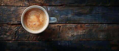 Cozy Cappuccino Moment - Close-up of Frothy Coffee Cup on Rustic Dark Wood Table with Copy Space for Relaxation and Comfort photo