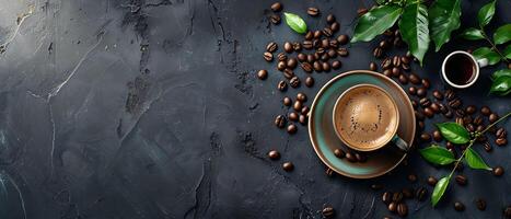 Rustic Charm - Vintage Coffee Cup and Beans on Dark Stone Background with Copy Space photo