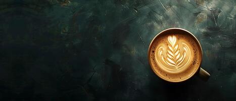 Artistic Creamy Latte in Coffee Cup on Dark Reflective Background with Copy Space for Branding photo