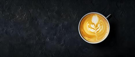 Aesthetic Latte Art in Coffee Cup on Dark Reflective Surface with Copy Space for Branding photo