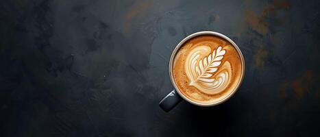Rich and Creamy Latte Art in Coffee Cup on Dark Background with Copy Space for Branding photo