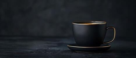 Sophisticated Black and Gold Coffee Cup on Dark Matte Background with Copy Space photo