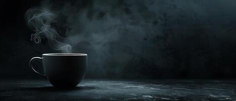 Moody and Dramatic Coffee Cup with Swirling Steam on Dark Background Enhancing Textures and Shadows, Copy Space for Design photo