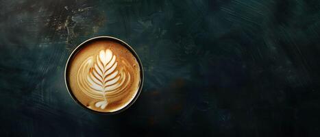 Elegant Latte Art in Coffee Cup on Reflective Dark Background with Copy Space for Branding. photo