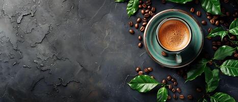 Rustic Vintage Coffee Cup and Scattered Beans on Dark Stone Background with Copy Space for Nostalgic Feel photo
