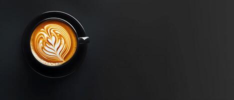 Elegant Latte Art in Coffee Cup on Dark Reflective Background with Copy Space for Branding. photo