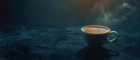 Cozy Coffee Break - Steaming Cup of Coffee on Dark Background with Copy Space, Emphasizing Warmth and Richness photo