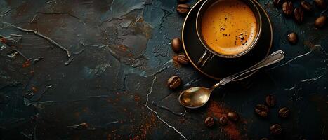 Rich Espresso Coffee Cup on Dark Marble Surface with Coffee Beans and Spoon, Copy Space Available photo