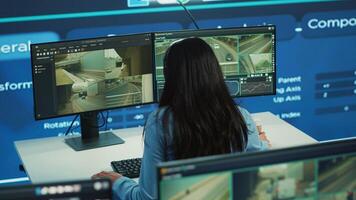 Indian call center operator gives order delivery updates to clients, handling shipment delay complains in control center. Cargo shipping agency directing trucks on less busy routes. Camera A. photo