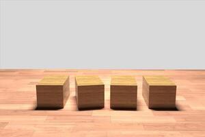 Four wooden blocks on a wooden floor in front of a wall. High quality 3D rendered images. photo