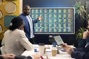 Team leader hosting a meeting in conference room and talking sense into his staff, trying to detect challenges or obstacles hindering progress. Manager and workers struggling with a project. photo