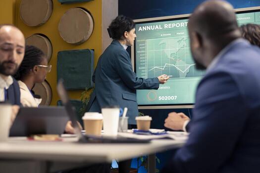 HR specialist evaluating employees performance metrics at the end of the project, looking for new talent within the global business enterprise. Ensuring collaborations under signed contracts. photo