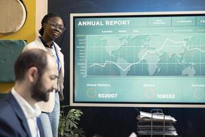 Employee presenting capital funds and revenue data on annual statistics in a meeting room, reviewing capital increase and budget allocation for a project. Informative conference in a boardroom. photo