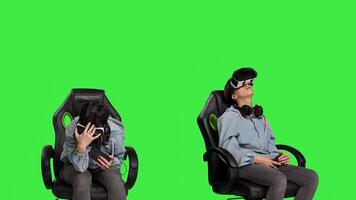 Woman feeling furious and disappointed with losing mobile gaming competition, playing tournament with smartphone and virtual reality headset. Displeased gamer sad after lost game. Camera B. photo