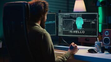 Programmer being asked existential questions by awaken AI gaining consciousness, emulating humans, becoming self aware. Developer speaking with artificial intelligence on PC, camera A photo