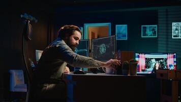 Scientist inserting disk into PC containing software evolving AI into sentient being, greeting creator. IT expert placing cartridge in computer, awakening AGI android, camera B photo