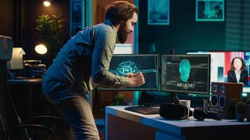 Developer using VR headset panicking after sentient artificial intelligence gains autonomy, threatening humanity. Programmer using virtual reality tech worried about AI having consciousness, camera A photo