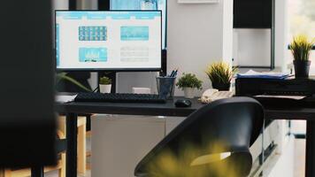 Empty company financial department with stock portfolio on computer monitor containing collection of investment assets. Workspace with live index indices on PC screen showing stock demand surge photo