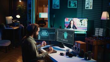 Programmer being asked existential questions by awaken AI gaining consciousness, emulating humans, becoming self aware. Developer speaking with artificial intelligence on PC, camera B photo