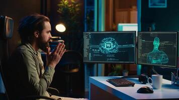 Man unable to believe eyes after seeing AI gaining humanoid form and consciousness, waving hand to salute him. Computer scientist surprised by artificial intelligence greeting him unprompted, camera A photo