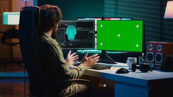 AI becoming sentient, talking with confused developer, asking existential questions, isolated screen PC. Concept of artificial intelligence gaining consciousness, mockup monitor, camera A photo