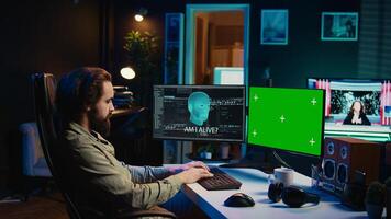 AI becoming sentient, talking with confused developer, asking existential questions, isolated screen PC. Concept of artificial intelligence gaining consciousness, mockup monitor, camera B photo