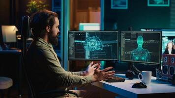 Self aware AGI AI gaining humanoid form inside cyberspace, waving hand, saluting man. Artificial intelligence becoming sentient, greeting IT admin, human machine interaction concept, camera A photo