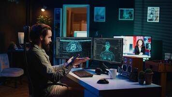 Self aware AI gaining anthropomorphic form inside cyberspace, waving hand, saluting programmer. Artificial intelligence becoming sentient, greeting computer scientist, camera B photo