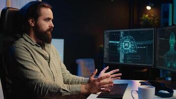 Man staggered by AI gaining consciousness, becoming android and waving hand to salute him. Computer technician surprised by awakened artificial intelligence greeting him, camera B photo