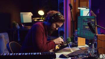 Audio technician mixing and mastering songs on daw software, creating fun atmosphere with acoustics and amplifier. Sound designer recording tunes on dj panel board in his home studio. Camera A. photo