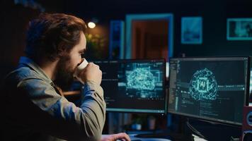 Programmer being asked existential questions by awaken AI gaining consciousness, emulating humans and passing turing test. Man communicating with artificial intelligence, camera B photo