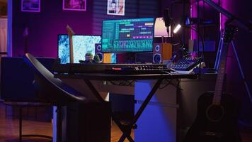 Empty home studio equipped with mixing console and soundboard, piano and other musical instruments to help with track recording. Mastering and mixing tunes on pc software, panel controls. Camera B. photo