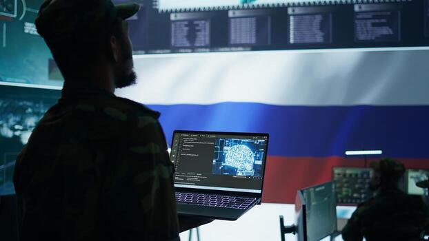 Russian IT expert uses new technology machine learning to spread fake news and cyber war propaganda, making national threats via neural network digital science. Army stealing information. Camera B. photo