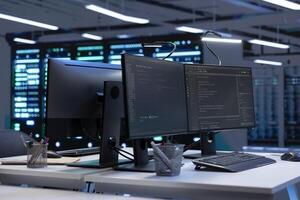 Computers in data center facility used for managing supercomputers hardware energy consumption. Devices used for automation and monitoring processes in server farm, close up shot photo