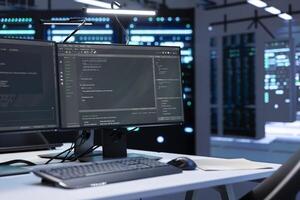 Computers in data center facility used for managing rackmounts energy consumption. PCs in high tech establishment used for automation and monitoring processes in server room, close up photo