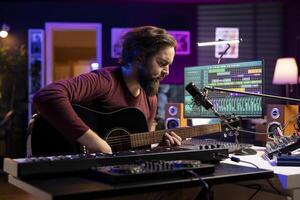 Musician with condenser microphone creates a song on acoustic guitar, working on mixing and mastering audio recordings. Young artist composing and editing tunes in post production. photo